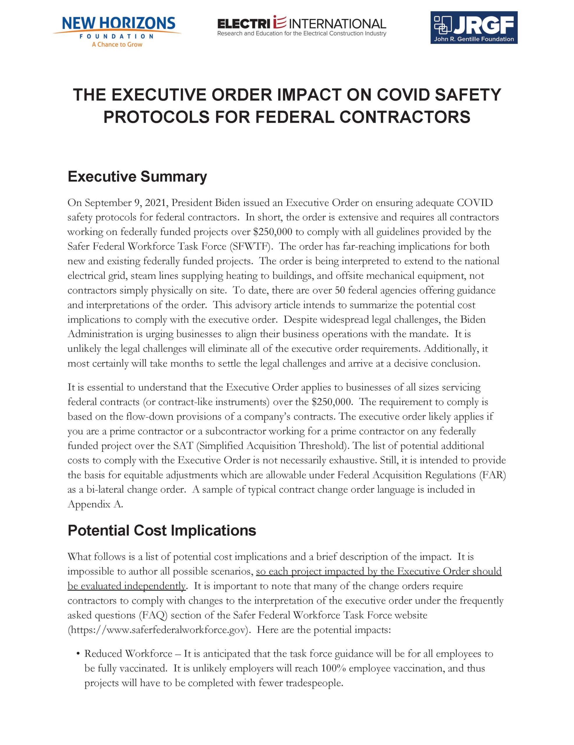 THE EXECUTIVE ORDER IMPACT ON COVID SAFETY PROTOCOLS FOR FEDERAL ...